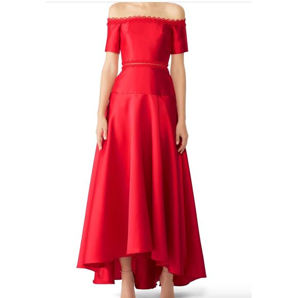 ML Monique Lhuillier Dress Womens 2 Red Off Shoulder Mikado Gown Crepe Lace - Picture 1 of 10